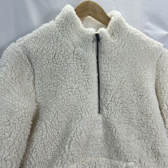 Hollister Cream Medium Sherpa Half Zip Cropped Pullover Fleece Sweater Warm Cozy - Picture 2 of 6